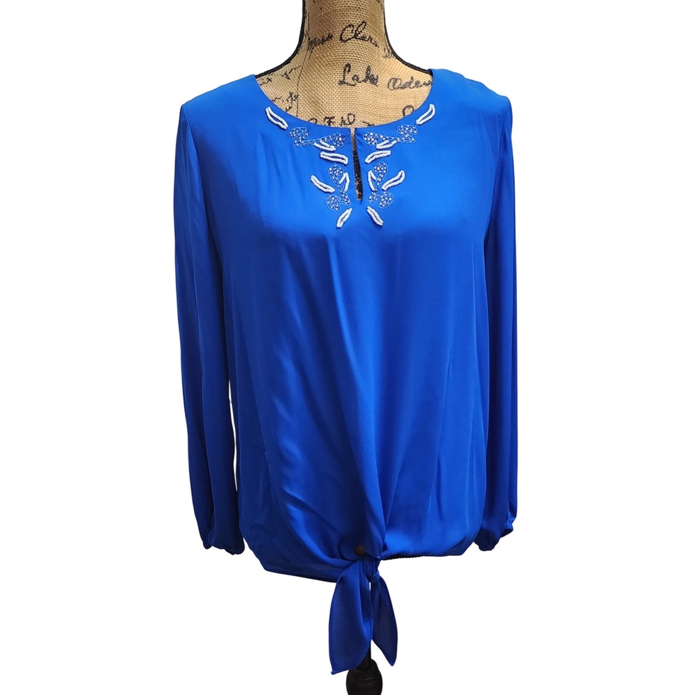 CHAUS Botanical Beauty Azure Sky Beaded Tie Front Blouse Size Small Style 135000